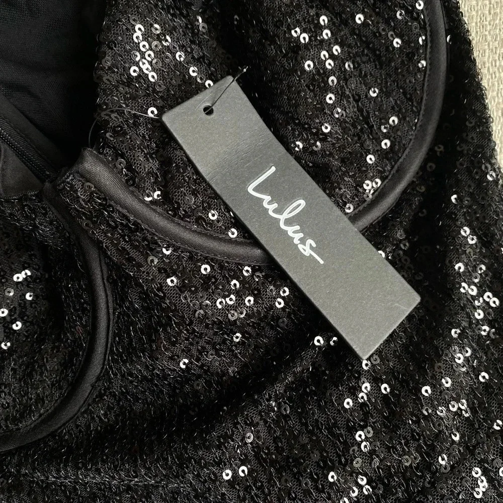 Lulu’s Dress Women’s Medium Glamorous Energy Black Sequin Pearl Bustier Mini NWT - Picture 6 of 11